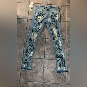 1of1 Stylish Blue Graphic Cartoon Jeans hand drawn Sz 30 New Dripyard617